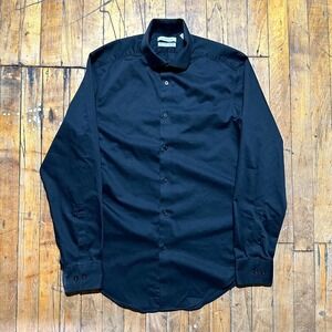 Calvin Klein Dress Shirt Men's 15 Black Solid Slim Fit Wrinkle Free Button Down